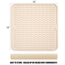 Silicone Dish Drying Mat for Multiple Usage, Easy clean, Eco-friendly, Heat-resistant Dish Drainer Mat for Kitchen Counter,Sink,Refrigerator or Drawer liner (12" x 12", BEIGE)