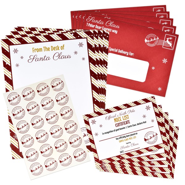 Christmas Official Letters Certificate from Santa Claus Set of 24 Red White & Gold Stripes Design Writing Letter Paper Nice List Certificate Envelope North Pole Sticker for Family Party Favor Keepsake
