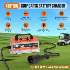Golf Cart Charger 48 Volt Club Car 15AMP 48 Volt Golf Cart Battery Charger for Club Car Precedent & DS Models Fully Automatic Smart Charging with 16Ft Cable, for Lead-Acid Batteries