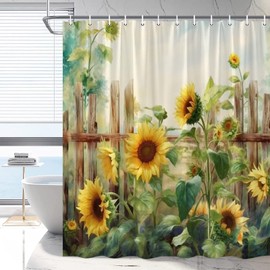 RDRUVA Sunflower Shower Curtain Rustic Floral Shower Curtain Vintage Wooden Fence Watercolor Rustic Farmhouse Bathroom Decor Farm Style, All Seasons, Bathtub Decor with Hooks 70x70In
