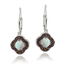 Sterling Silver Garnet & Synthetic White Opal Flower Earrings, Stone Garnet, Garnet