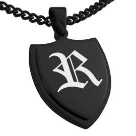 Tioneer Black Stainless Steel Letter R Initial Old English Monogram Shield Pendant Necklace