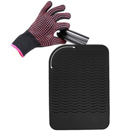 Heat Resistant Silicone Glove and Mat Set for Curling Iron, Hair Straightener, Flat Irons - 9" x 6.5" Food Grade Silicone Mat, Black
