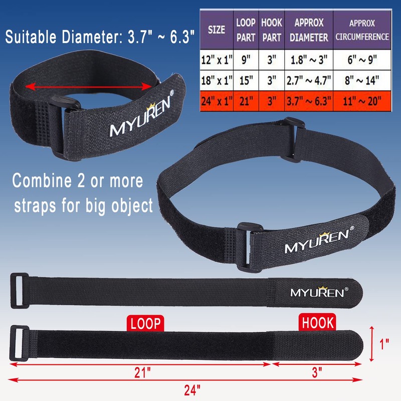 1"x 24" Reusable Fastening Cable Straps with Buckle Adjustable Hook