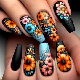 24PCS Spring Nails Press ons, Matte Medium Coffin False Nails with Colorful Flowers Design Full Cover Black Blue Acrylic Glue on Nails Spring Summer Colored Floral Stick on Nails for Women and Girls