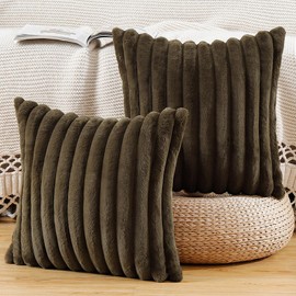 Madizz Set of 2 Faux Fur Plush Decorative Cushion Covers, Fluffy, Striped, Soft, Decorative Cushion Cover for Sofa, Bedroom, Cushion, Dark Brown, 50 x 50 cm