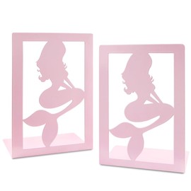 1 Pair Pink Mermaid Metal Bookends,Modern Creative Sea-Maid Pattern Hollowed Nonskid Iron Book End Decorative Bookends Desk Organizer Book Shelf Holder for Kid Girl Library Home School Office Decorati
