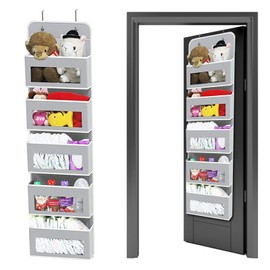 NHBETYS Over Door Storage Organizer, Hanging Storage with 5 Compartments, Foldable Hanging Wardrobe Shelf with Clear Window for Bedroom Bathroom (Grey)