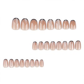 IMSOHOT Cat Eye Press on Nails Short Oval Fake Nails Brown Black French Tips False Nails Glossy Bling Glue on Nails Full Cover Acrylic Medium Round Gel Reusable Nails for Women 24Pcs