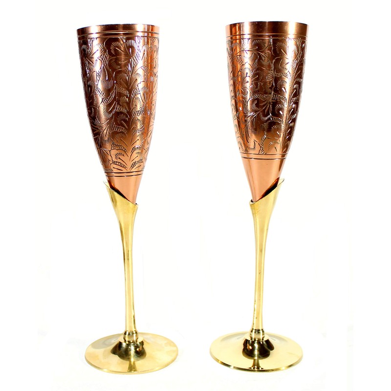 Stonkraft Engraved Brass Goblet Champagne Glasses Flutes Coupes Wine Glass