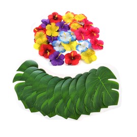 Famimueno Monster Leaf Hibiscus Artificial Hawaiian Hula Ornament Tropical Leaf Flower (24 Multicolor Flowers+30 Leafs)