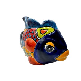 Talavera Decorative Fish Planter Pot Handmade Hand Painted Home Decor Indoor Multicolor Outdoor Mexican Pottery Animal Sculpture 10” (Cobalt Multi)