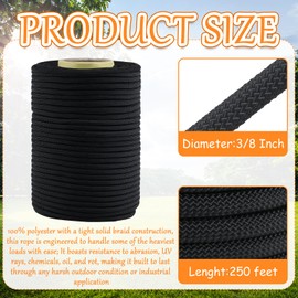 Ribbonlic 3/8 Inch Black Polyester Rope, 250 ft Industrial Grade High UV and Abrasion Resistance Solid Braid Low Stretch Rope for Camping Hiking Indoor Outdoor