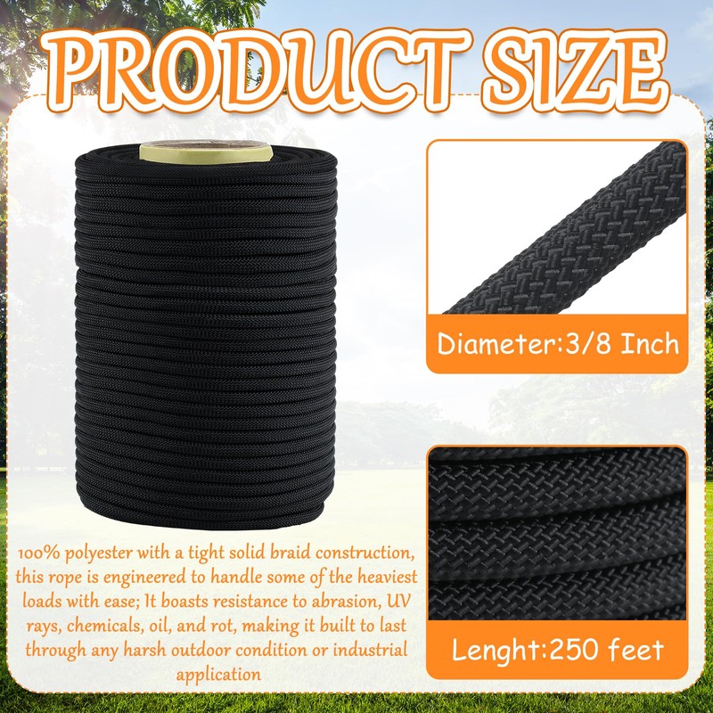 Ribbonlic 3/8 Inch Black Polyester Rope, 250 ft Industrial Grade