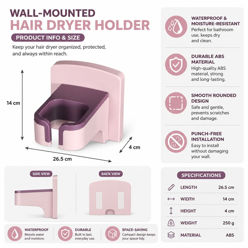 Wall Mounted Hair Dryer Holder for Bathroom Storage – Punch-Free