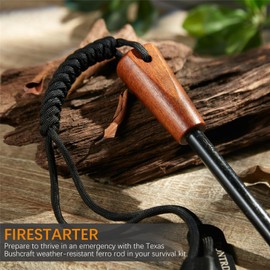 Survival Fire Starter - Handmade Wooden Handle 3/8" Thick Ferro Rod with Striker and Umbrella Rope Waterproof Iron Rod Flint and Steel Fire Starter Kit
