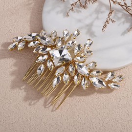 Teyglen Bridal Crystal Hair Comb with Square Rhinestone Headpiece Golden Full Rhinestone Wedding Hair Comb for Women Shiny Hair Accessories Jewelry(Golden)