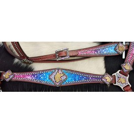 Showman Galaxy Print Leather Browband Headstall & Breast Collar Set w/Fringe & Reins