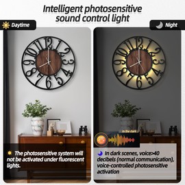 LEIKE Large Wall Clocks with Night Light Battery Operated,Silent Non Ticking,Rustic Modern Big Wood Clock for Living Room, Bedroom,Kitchen,Farmhouse,Office,Home Decor-24 Inch(Black-Arabic Number)