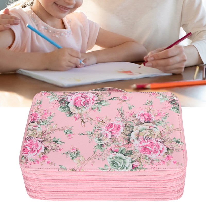 Pencil Case Rose Printed Multi Layer Zipper 252 Slots Portable