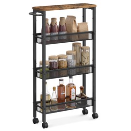 VASAGLE Slim Rolling Cart, 4-Tier Narrow Storage Cart with Handle, 5.1 Inches Deep, Metal Frame, for Kitchen, Dining Room, Living Room, Home Office, Rustic Brown and Classic Black ULRC032B01V1