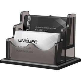 Uniclife Acrylic Business Card Holder for Desk 2 Slots Horizontal Business Card Display Stand for Men and Women Desktop Name Card Organizer Card Stand for Office Home, 120 Card Capacity, Smoky Gray