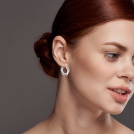 LeCalla 925 Sterling Silver Hoop Earrings for Women Teen | Double Hexagon Click-Top Hoop Earring 23MM