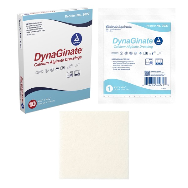 Dynarex DynaGinate Calcium Alginate Wound Dressing - Sterile, Non-Stick Topical Wound Pads - Absorbent Gel Patches for Moderate to High Exuding Cuts - for Medical & Home Use - 4.25"x 4.25", Box of 10