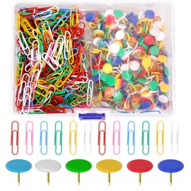 Wokape 1000PCS Colored Vinyl Coated Thumbtacks & Paperclip Kit, Colors Plastic Roundness Push Pins 28.8mm(1.13in) Small Paperclips Bulletin Board Tack Colorful Thumb Tacks Colored Paper Clips
