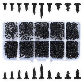 Pack of 500 Self-Tapping Screws, Phillips Tapping Screws, Carbon Steel Black Round Head Wood Screws for Plastic Wood Soft Metal - M2 M2.3 M2.6 M3