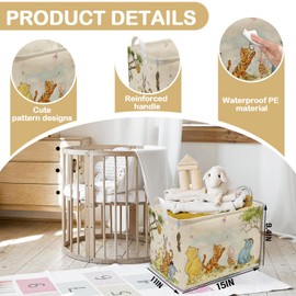 Vintage the Pooh Nursery Storage Basket with Handles, Classic Winnie Baby Stuff Decor, Winnie Baby Laundry Hamper Decor, Waterproof Foldable for Bathroom and Bedroom Stuff Clothes Toys