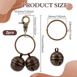 BENECREAT 2 Sets Brass Bells for Pet Collars, 3 Inch Dog Collar Charms with Lobster Clasp for Pet Tracking, Training, Decorating (Antique Bronze)