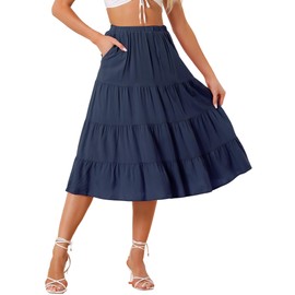 Allegra K Women's Midi Skirts Solid Elastic Waist Flare Tiered Long A-Line Skirt with Pockets Navy Medium