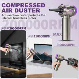 PeroBuno Air Duster for PC, 200000RPM Compressed Air, Mini Vacuum 2-in-1, 35 mins Runtime, Brushless Motor Electric Air Blower with 3 Gear and Rechargeable Battery - Canned Air - Keyboard Cleaner