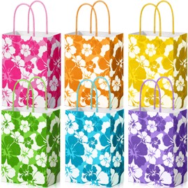 Teling 24 Pcs Hibiscus Party Favor Bag Hawaiian Themed Paper Bag with Handles Summer Tropical Gift Bags Tiki Luau Treat Bags Hawaii Goodie Bags Kids Birthday Party Supplies Multicolor 8.3 x 6 x 3"