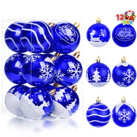 JOIEDOMI 12 Pcs Christmas Blue and White Ball Ornaments, 2.3” Delicate Painting & Glittering Christmas Tree Decoration, Assorted Shatterproof Ball Ornament for Indoor Decor Holiday Party Supplies