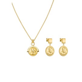 Purelei® 18K Gold Plated Stainless Steel Coin Pendant Necklace Earrings Queen Kapi'olani Inspired Jewelry Sets for Women, 40/45 cm, Stainless Steel, Agate