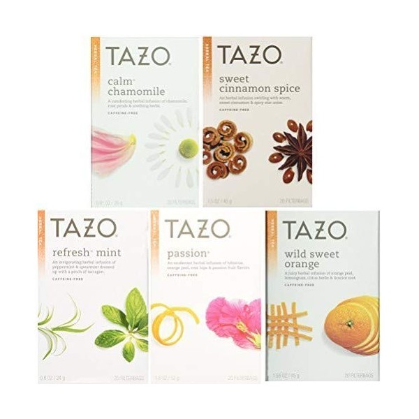 Tazo Herbal Tea 5 Flavor Variety Pack Sampler (Pack of 5, 100 Bags Total)