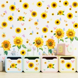 Alnicov Sunflower Wall Stickers with Butterfly,118Pcs Removable Yellow Flower Wall Decals for Bedroom LivingRoom Bathroom Kitchen Party Decor