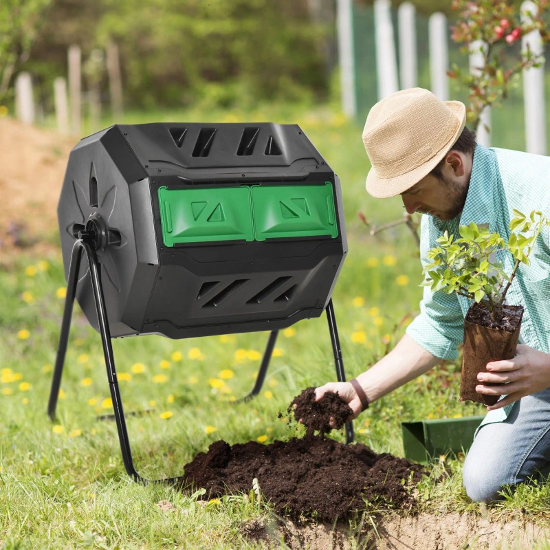 43-Gallon Green Outdoor Tumbling Compost Bin 360 Degrees Dual Chamber