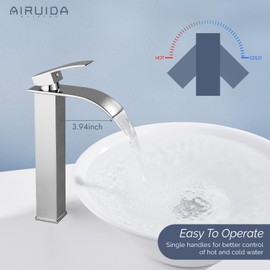 Airuida Tall Bathroom Vessel Faucet Chrome Polish Waterfall Bathroom Single Handle Single Hole Deck Mount Bowl Mixer Tap with Large Waterfall Spout Bar Sink Faucet Lavatory Vanity