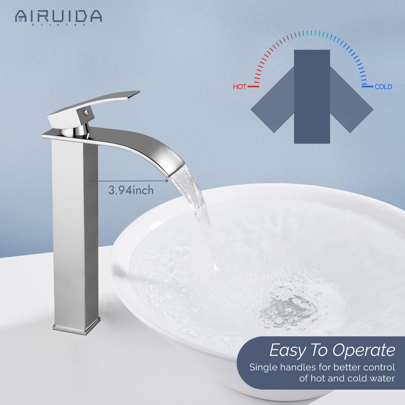 Airuida Tall Bathroom Vessel Faucet Chrome Polish Waterfall Bathroom Single