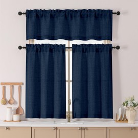 Chyhomenyc Navy Blue Kitchen Curtains 24 Inch Length, Light Filtering Faux Linen Textured Small Cafe Curtains, Rod Pocket Short Window Curtain for Cabinet Bathroom Basement RV Camper, 30Wx24L, 2PCS