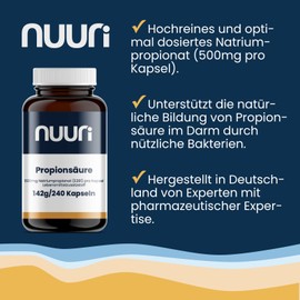 nuuri Propionic Acid 240 Capsules - 500mg Pure Sodium Propionate - Short Chain Fatty Acids