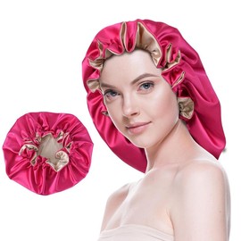 Silk Bonnet for Sleeping Satin Bonnets Double Layer Reversible Hair Cap Bonnet for Women Long Curly Braid Hair (Pink):_Hot Pink_Medium