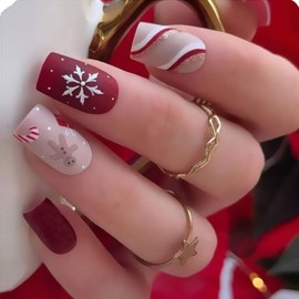 Prosy 24 x Christmas Nails, Short Square Fake Nails, Red Elk, Forest, Snowflakes, False Nails, Snowman, Gold Foil, Glitter Press on Nails for Women and Girls (A)