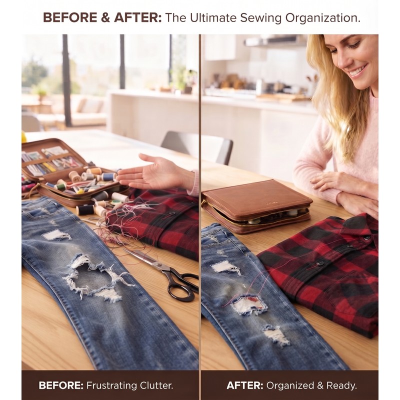 170-Piece Sewing Kit for Home Repairs – Portable Brown Storage
