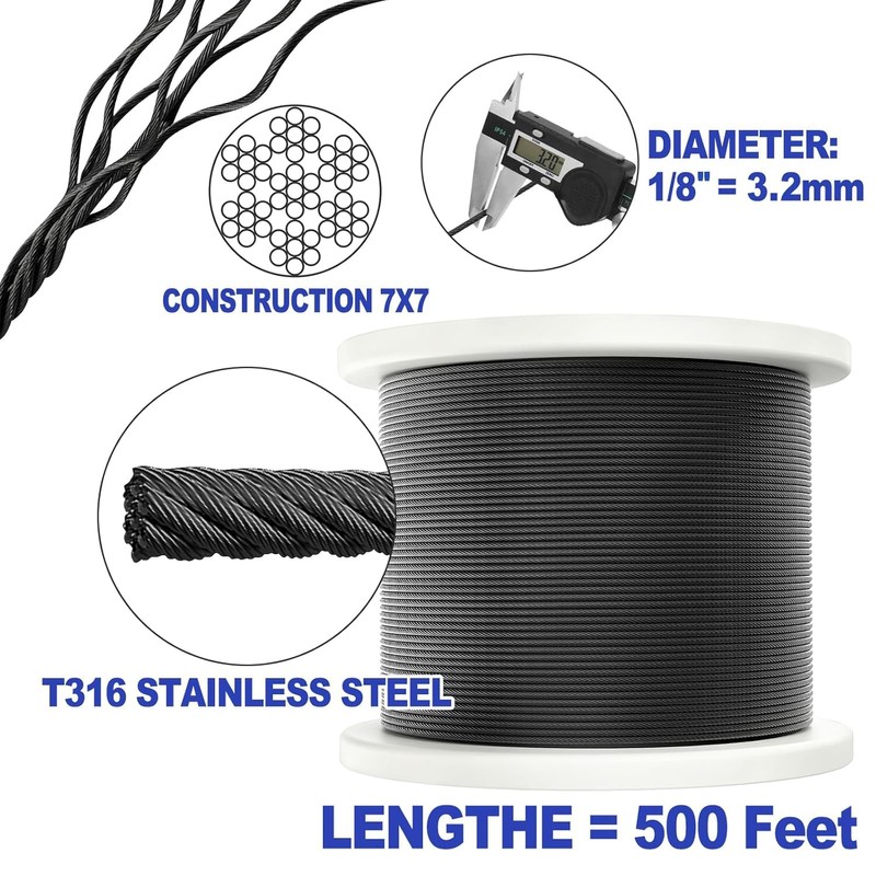 CKE 500FT 1/8" Black Stainless Steel Cable, T316 Stainless Steel