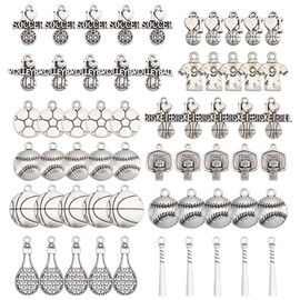 SUNNYCLUE 1 Box 96Pcs 12 Styles Sports Charms Tibetan Style Ball Games Baseball Football Soccer Basketball Love Alloy Pendants for Jewelry Making Charms Bracelets Necklaces Findings, Antique Silver,