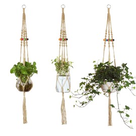 3 Pack Handmade Jute Rope Macrame Plant Hanger Indoor Outdoor Hanging Planter Holder for Decorations with 3 PCS Hooks